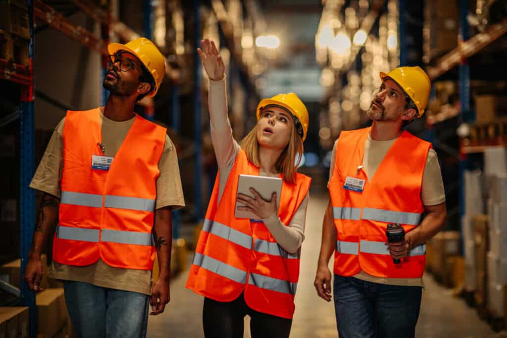 workers checking goods at distribution warehouse